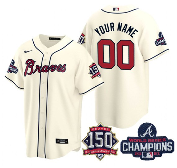 Men's Atlanta Braves Active Player Custom 2021 Cream World Series Chimpions With 150th Anniversary Cool Base Stitched Jersey